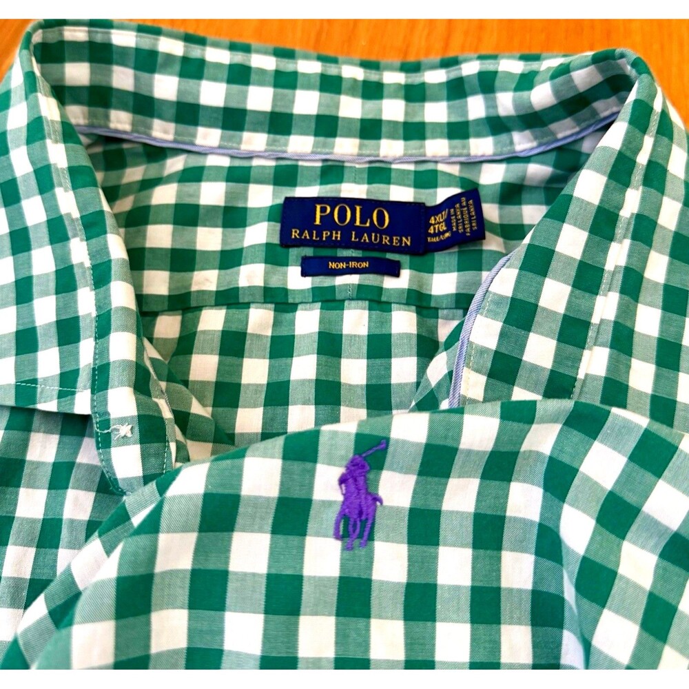 Polo Ralph Lauren Shirt Mens 4XLT Green Gingham Check Non Iron Button Down